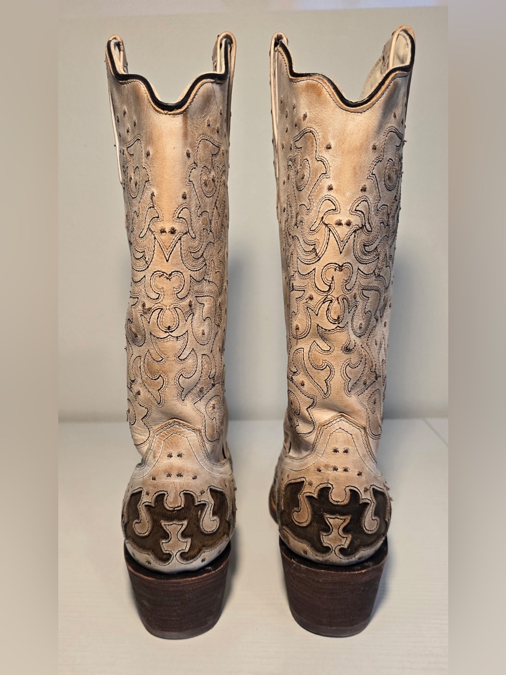J.B. Dillon Two-Tone Leather Cowboy Boots - Cream and Dark Brown - Picture 3 of 6